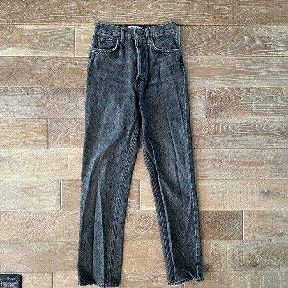 AGOLDE High Rise Washed Black Raw Hem Straight Jeans - Picture 1 of 2